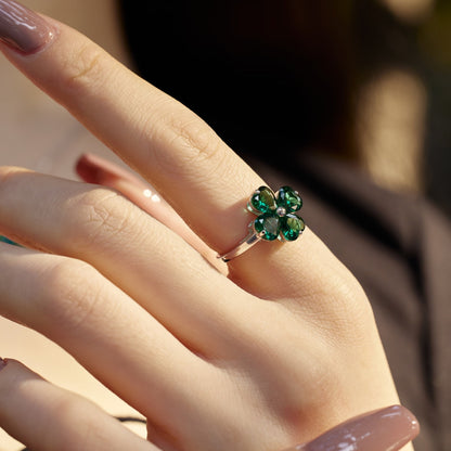 [Amore Jewelry]Heart-shaped Four-Leaf Clover Ball Ring