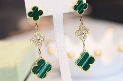 [Amore Jewelry]CLOVER EARRINGS GOLD MALACHITE DIAMOND 3 MOTIF
