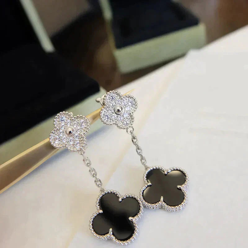 [Amore Jewelry]CLOVER 2 MOTIFS  DIAMOND ONYX EARRINGS SILVER