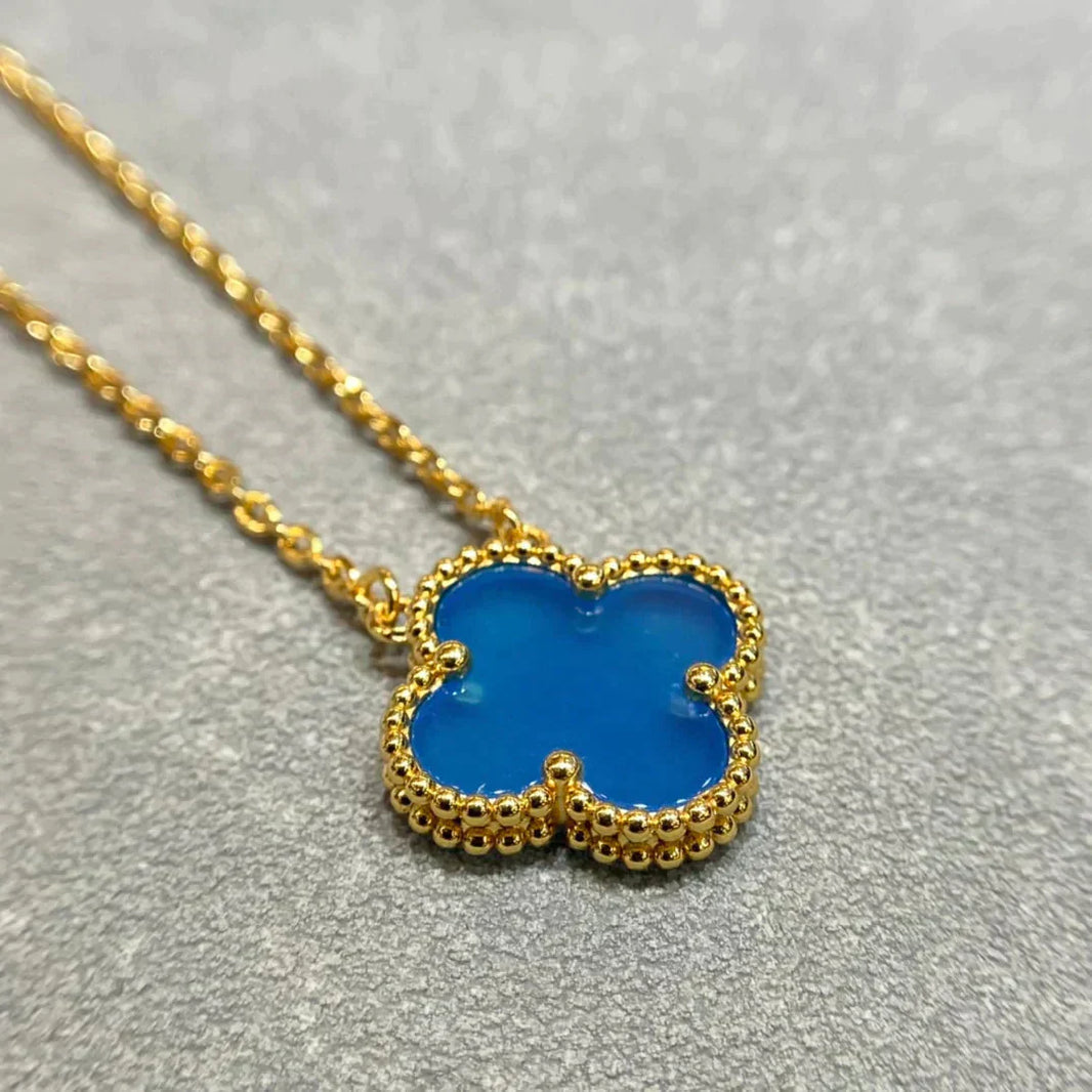 [Amore Jewelry]CLOVER 15MM BLUE AGATE NECKLACE
