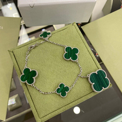 [Amore Jewelry]CLOVER 5 MOTIFS SIVLER MALACHITE BRACELET