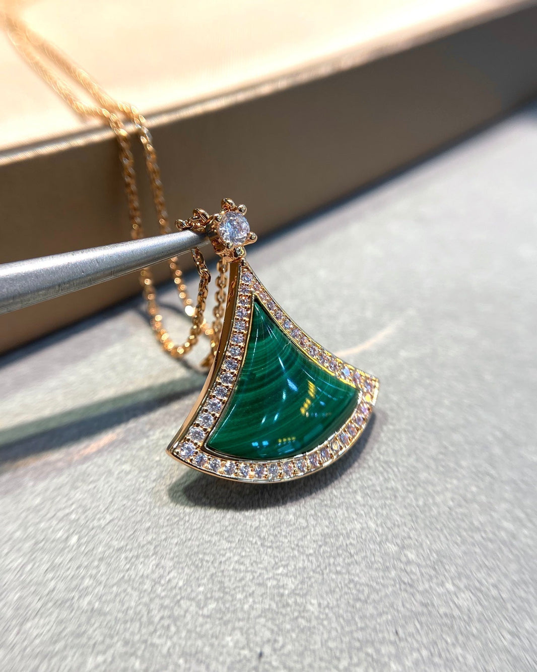 [Amore Jewelry]DREAM MALACHITE DIAMOND PAVED PINK GOLD NECKLACE