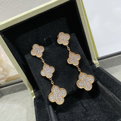 [Amore Jewelry]CLOVER 3 MOTIFS DIAMOND PAVED ROSE GOLD EARRINGS