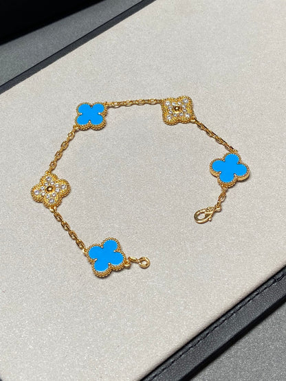 [Amore Jewelry]CLOVER 5 MOTIF BLUE CHALCEDONY DIAMOND GOLD BRACELET