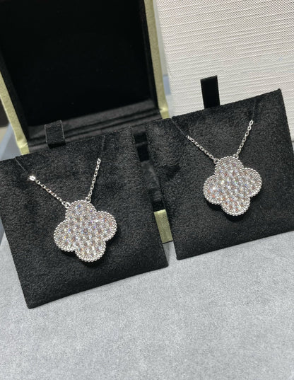 [Amore Jewelry]CLOVER 25MM LARGE PENDANT DIAMOND PAVED SILVER NECKLACE