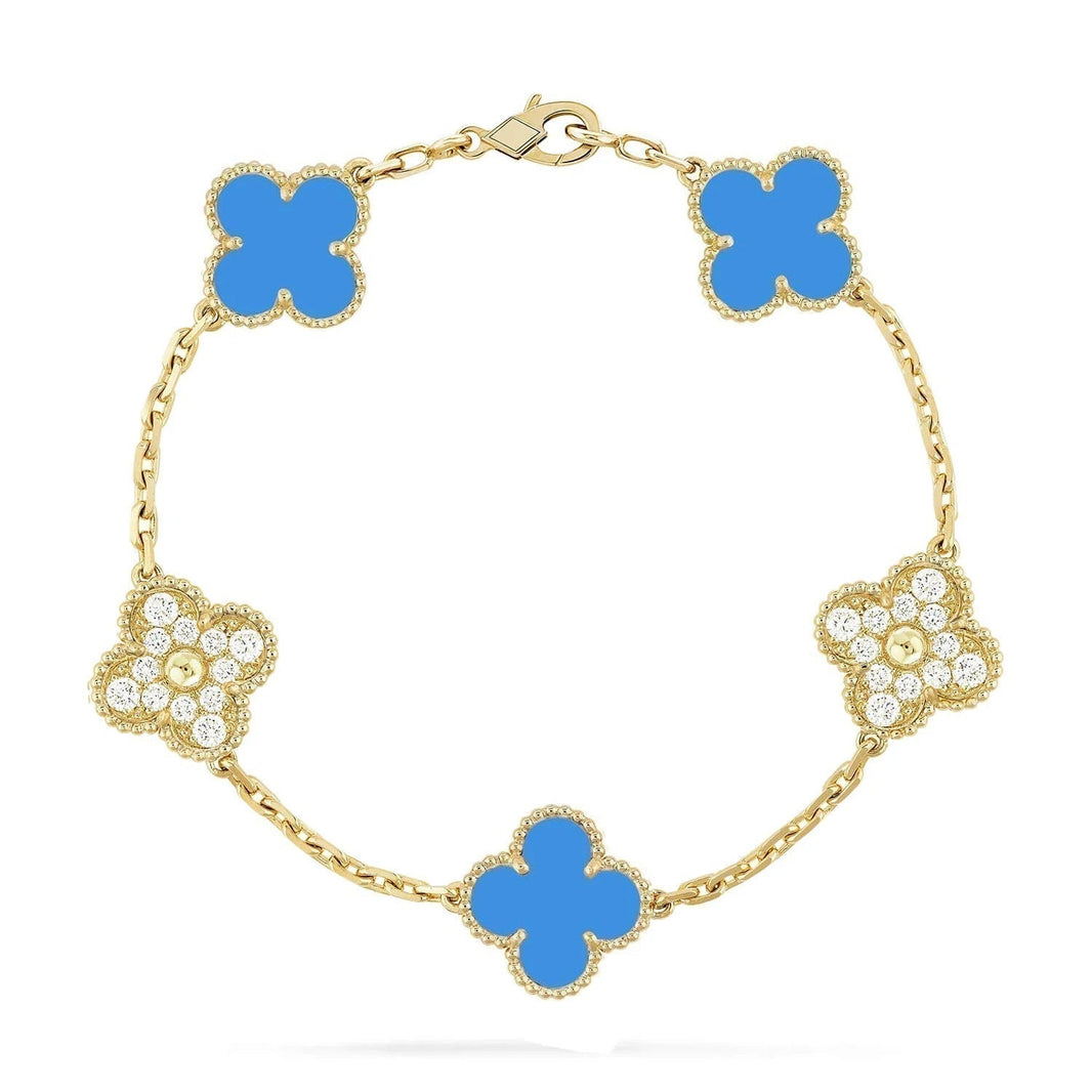 [Amore Jewelry]CLOVER 5 MOTIF BLUE CHALCEDONY DIAMOND GOLD BRACELET
