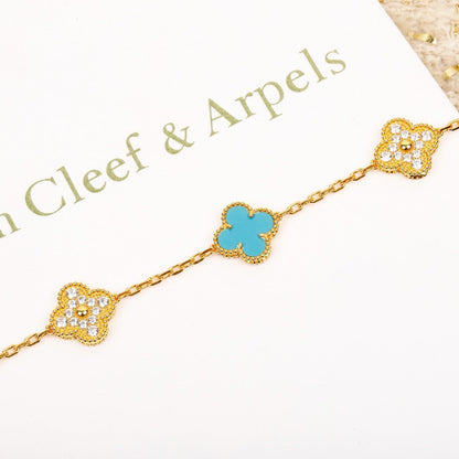 [Amore Jewelry]CLOVER 5 MOTIF TURQUOISE DIAMOND GOLD BRACELET
