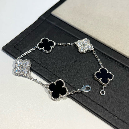 [Amore Jewelry]CLOVER 5 MOTIF ONYXS DIAMOND BRACELET SILVER