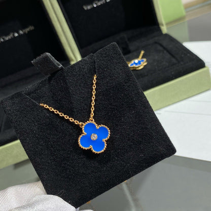 [Amore Jewelry]CLOVER 15MM DIAMOND AND BLUE AGATE NECKLACE