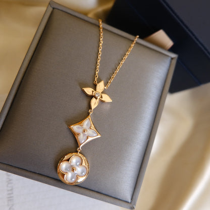 [Amore Jewelry]COLOR BLOSSOM LARIAT NECKLACE PINK GOLD WHITE MOTHER PEARL AND DIAMOND