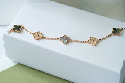 [Amore Jewelry]CLOVER 5 MOTIFS DARK MOP AND DIAMONDS PINK GOLD BRACELET